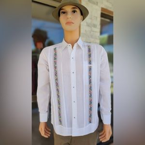 Men’s Linen White Guayabera with Multicolor Embroidery Long Sleeve